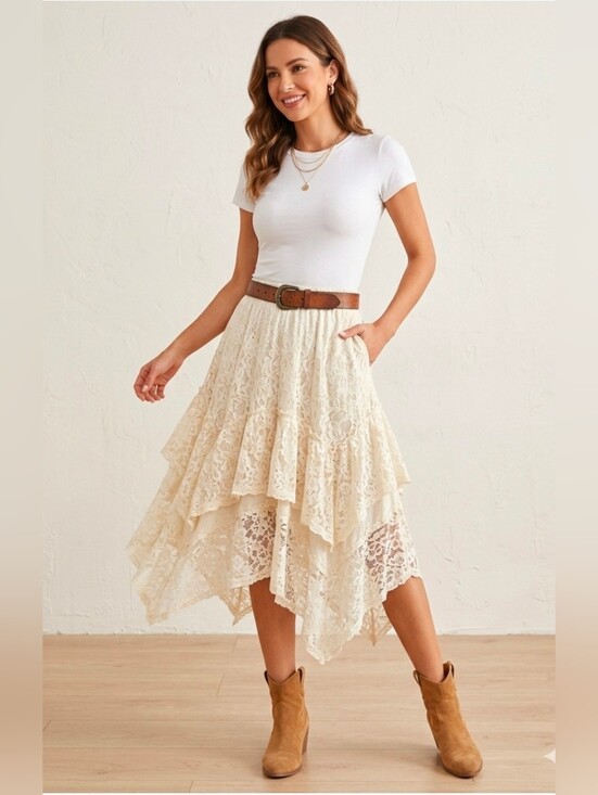 rareraw Dresses & Skirts - Rareraw Failrycore Asymmetrical Lace Skirt In Cream, Medium